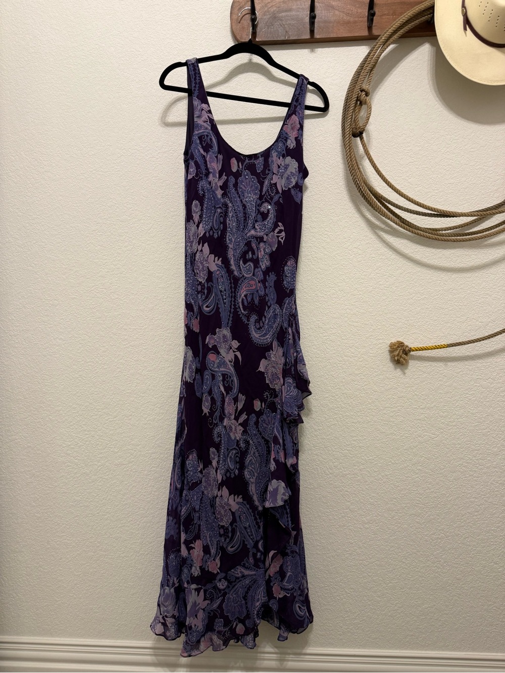 Vintage Y2K Eva Blu Purple Paisley Beaded Cascade Ruffle Maxi Dress – Size 14